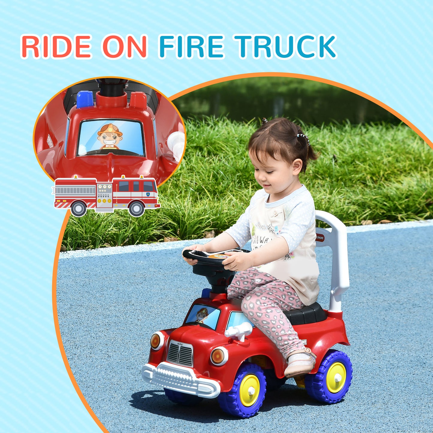 AIYAPLAY Toddlers Ride On Fire Truck Foot to Floor Design with Under Seat Storage, Steering Wheel, Music, Light, for 1.5-3 Years, Red