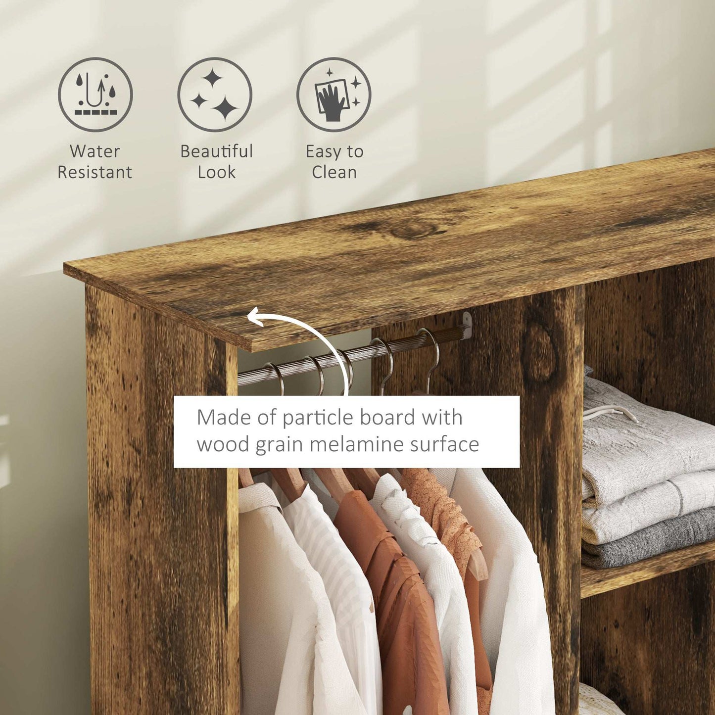 Open Wardrobe Double Mobile Storage Shelves Organiser W/6 Wheels-Rustic Brown
