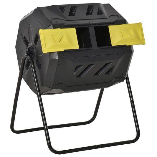 160L Tumbling Compost Bin Outdoor Dual Chamber 360° Rotating Composter, Garden Compost Bin w/ Sliding Doors & Solid Steel Frame, Yellow