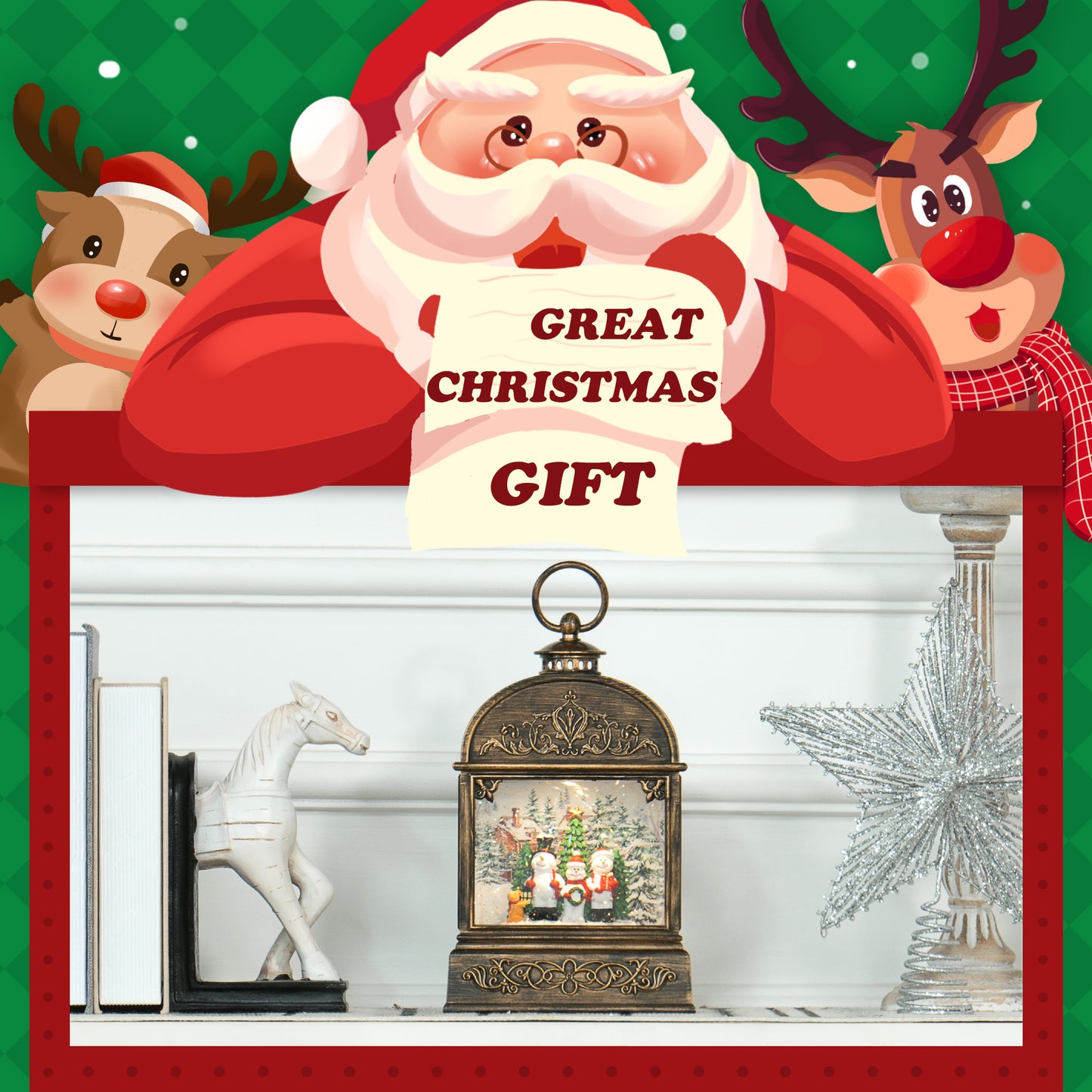 Christmas Snow Globe Lantern with Lights and Music, Swirling Glitter, Battery Operated Musical Decoration for Holiday Party Gift, Bronze Tone