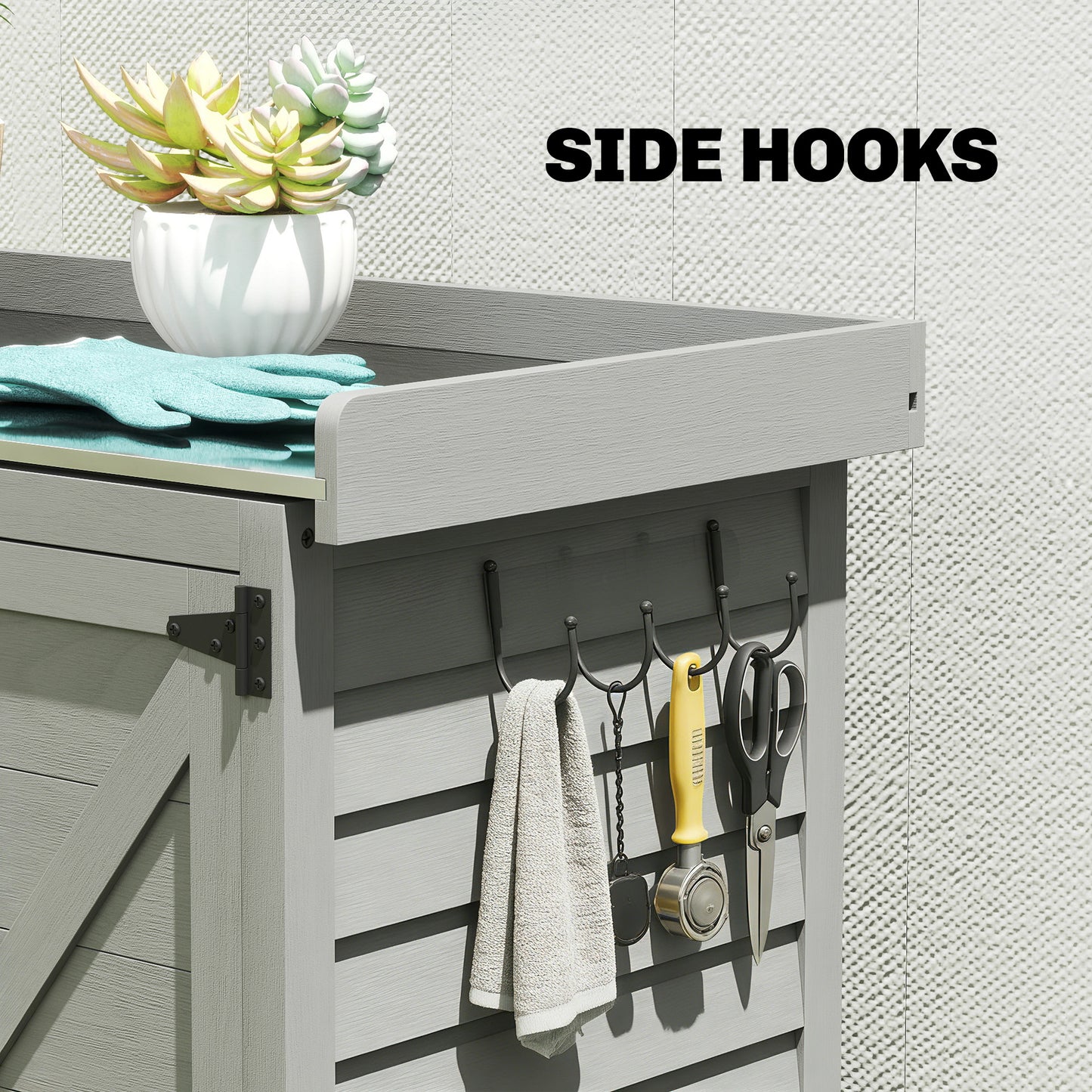 2-in-1 Fir Wood Potting Table & Garden Tool Storage Shed | Galvanised Metal Worktop | Double Doors | Shelf | Side Hooks | Raised Base | Water-Based Paint | 71.5x39x95cm | 30kg Capacity | Grey