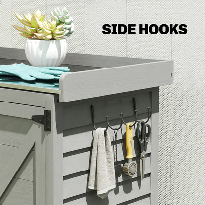 2-in-1 Fir Wood Potting Table & Garden Tool Storage Shed | Galvanised Metal Worktop | Double Doors | Shelf | Side Hooks | Raised Base | Water-Based Paint | 71.5x39x95cm | 30kg Capacity | Grey