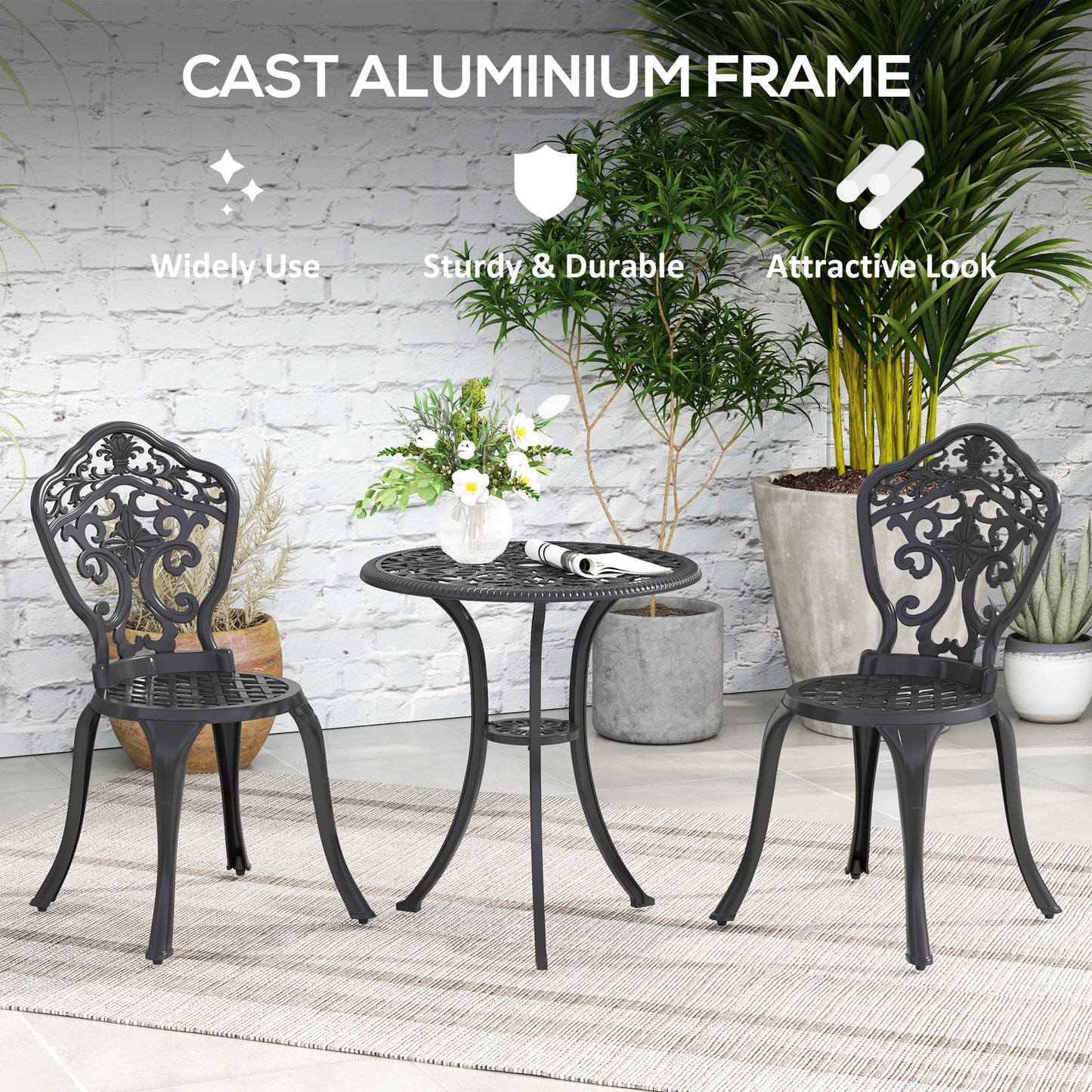 3 Piece Cast Aluminium Garden Bistro Set for 2 with Parasol Hole, Outdoor Coffee Table Set, Two Armless Chairs and Round Coffee Table