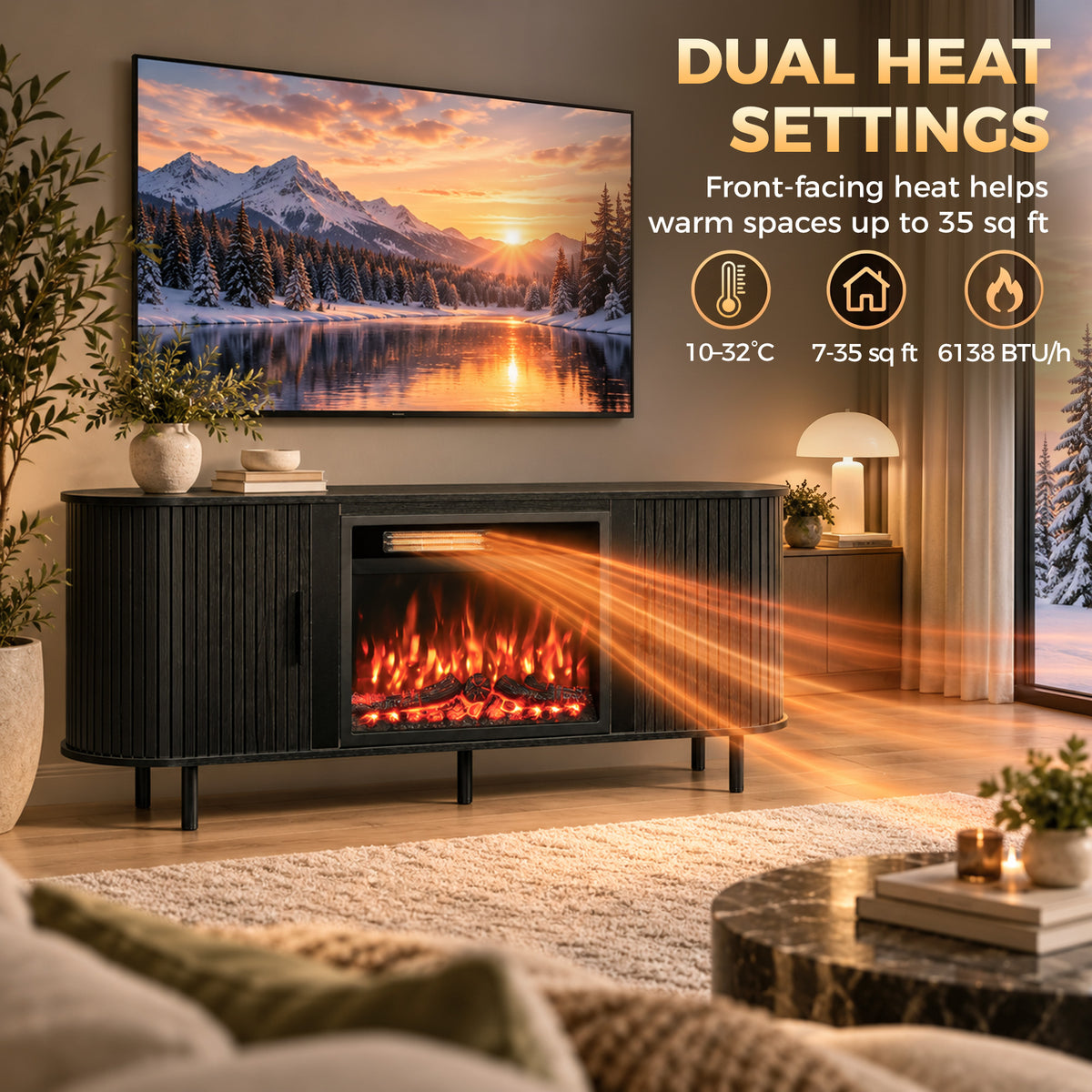 Electric Fireplace TV Stand | TVs up to 70 Inch | 150cm Black Fluted Storage Unit | 900W/1800W, 12 Flame Colours & Remote