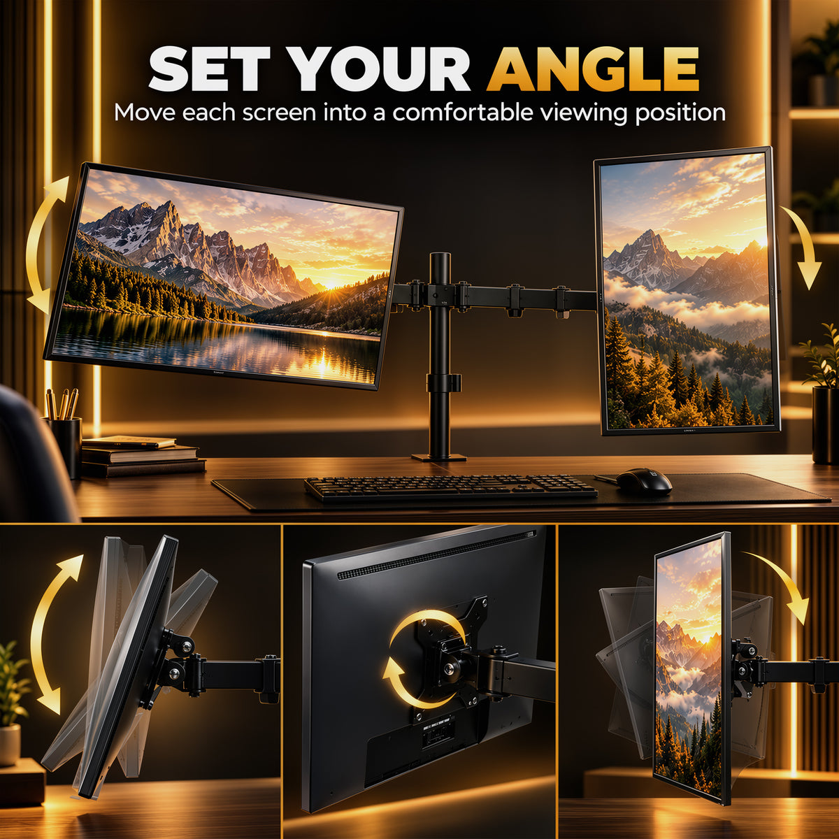 Dual Monitor Stand | 2 Screens up to 32 Inch | Height Adjustable, Tilt, Swivel & 360° Rotation | 20kg Capacity | Black Steel