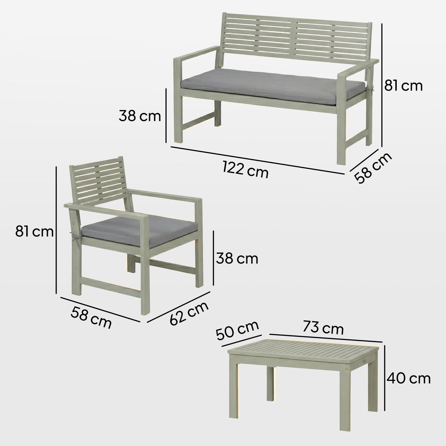 4-Piece Acacia Wood Garden Sofa Set | Loveseat, 2 Armchairs & Table | Light Grey Cushions