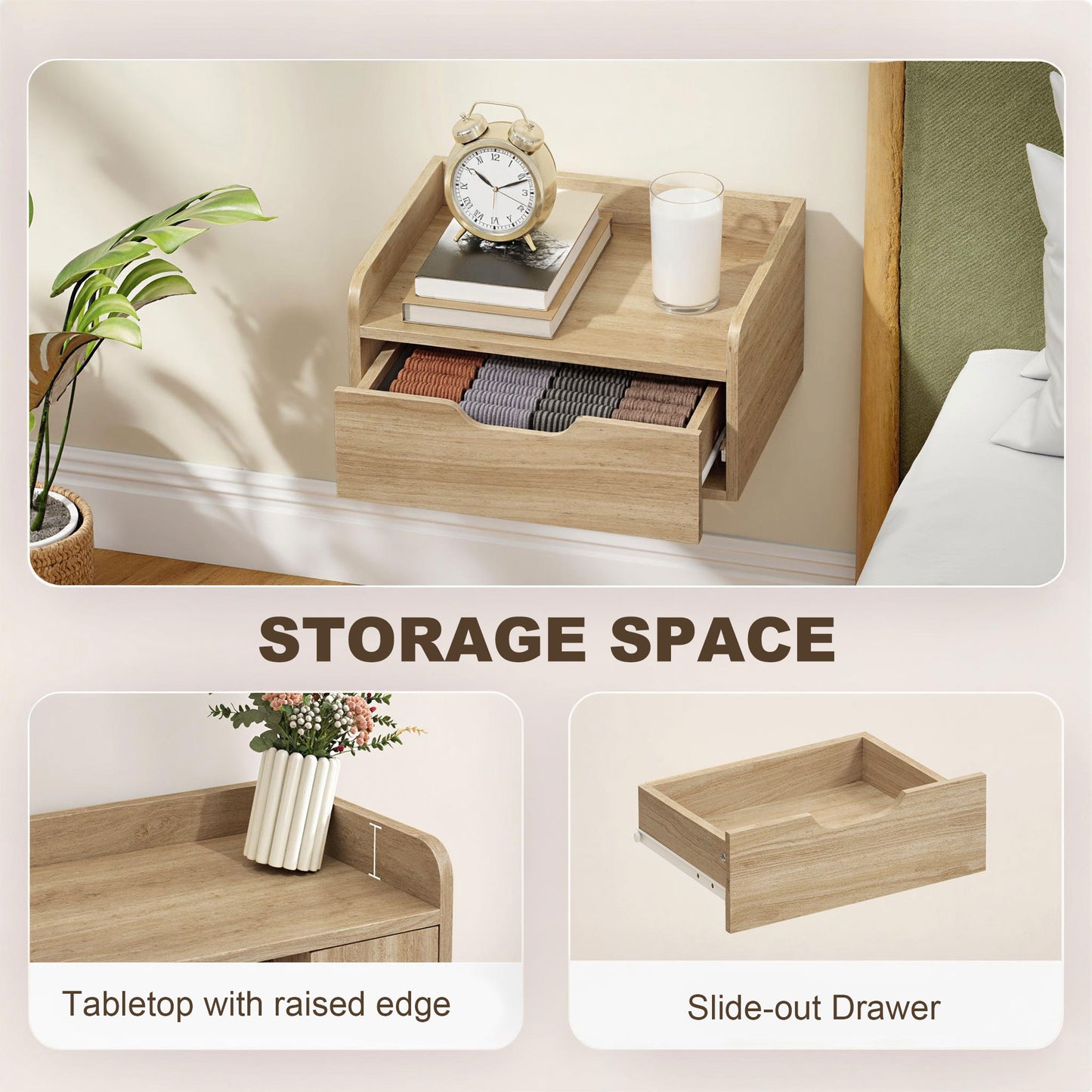 Set of 2 Floating Wall-Mounted Bedside Tables | Drawer | Flat Top | 10kg | 40x30x19.5cm | Natural Wood Finish