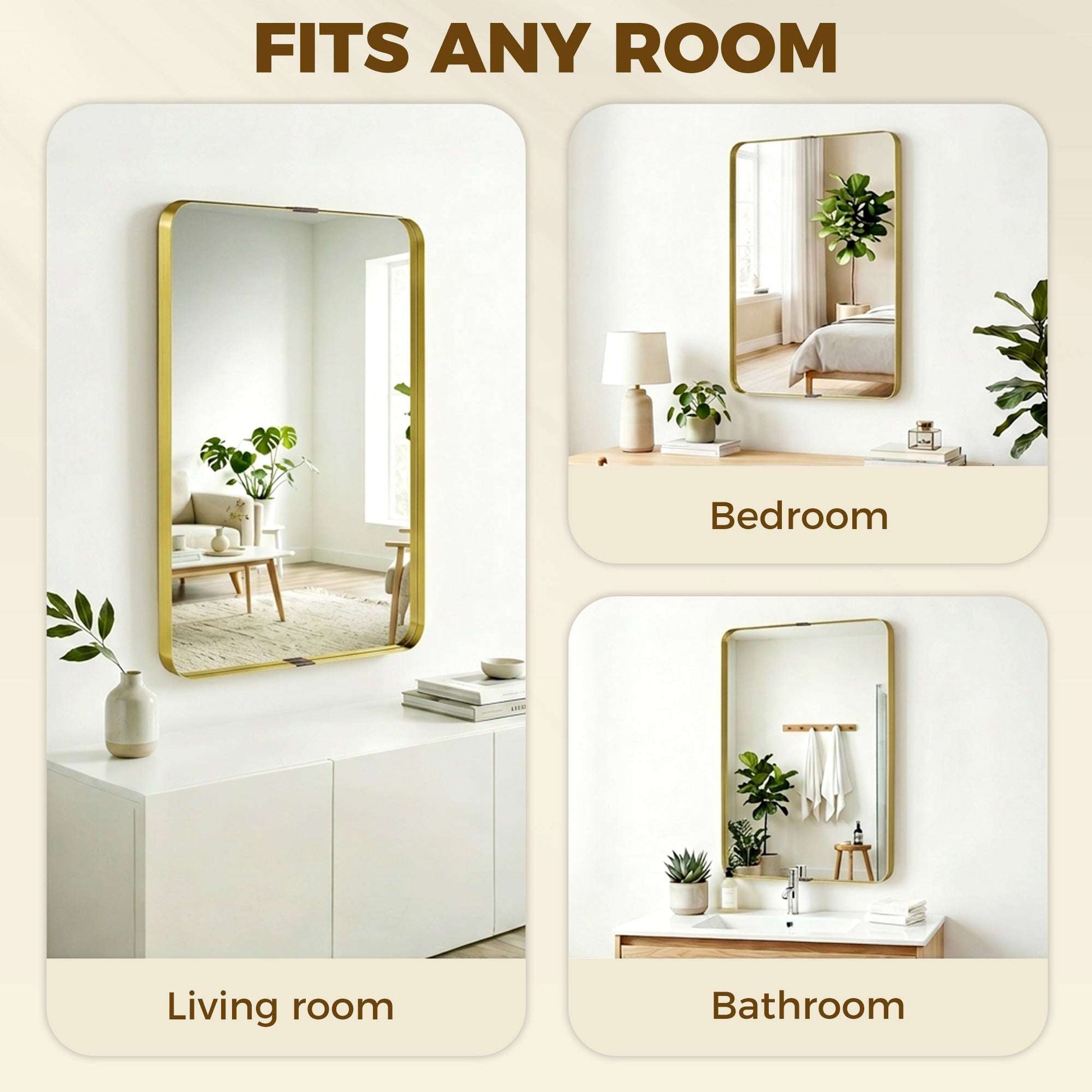 Rectangular Wall Mirror | Shatterproof Tempered Glass | Anodised Aluminium Alloy Frame | 4cm Deep 3D Effect | Soft Rounded Corners | No Assembly | 60x4x90cm | Gold Tone