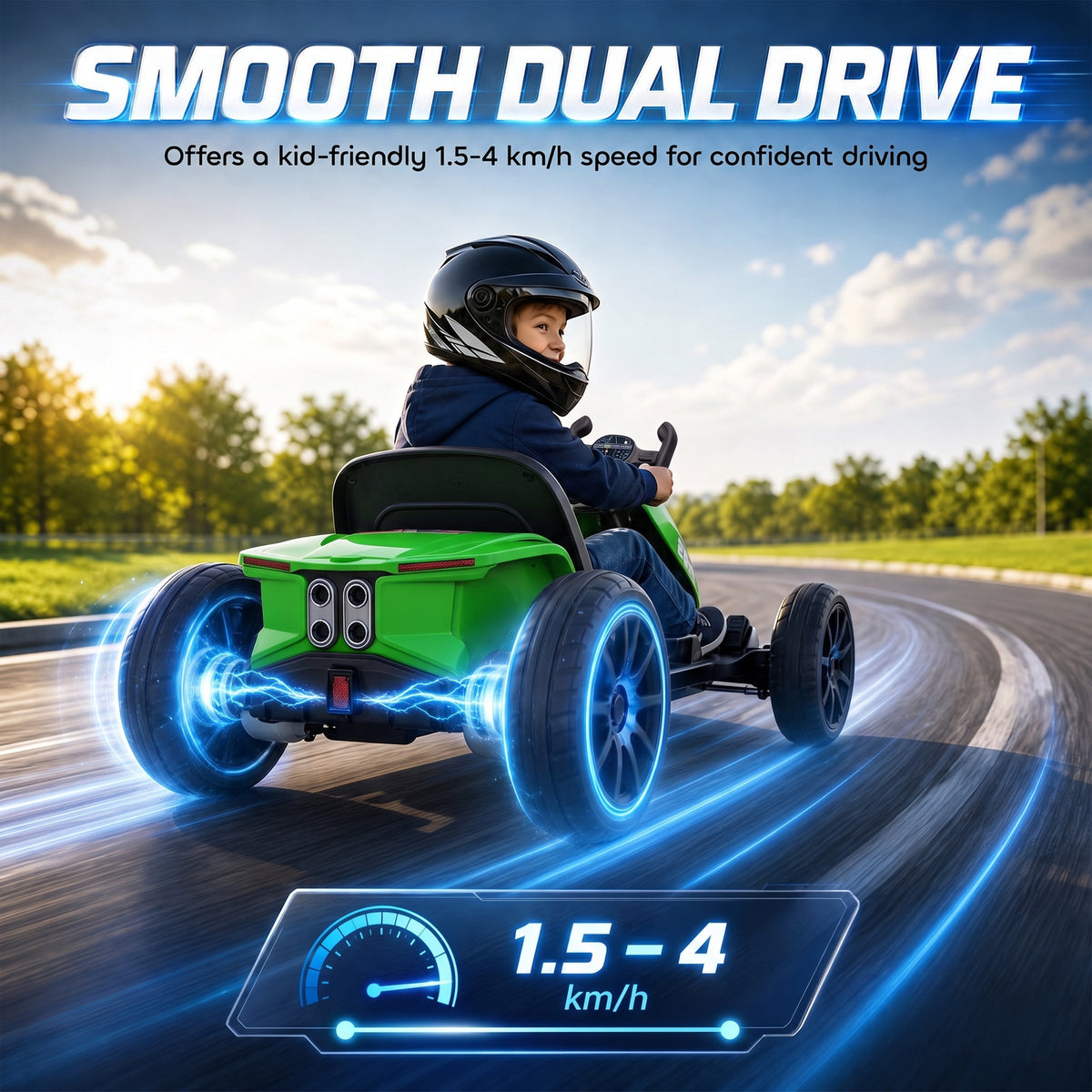 12V Electric Go Kart for Kids | Dual 35W Motors | Soft-Start | 4-Position Adjustable Length 83–98cm | Sliding Seat | LED Lights | EVA Wheels | 50 Min | 1.5–4km/h | 25kg | Age 3–6 | Green