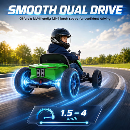 12V Electric Go Kart for Kids | Dual 35W Motors | Soft-Start | 4-Position Adjustable Length 83–98cm | Sliding Seat | LED Lights | EVA Wheels | 50 Min | 1.5–4km/h | 25kg | Age 3–6 | Green