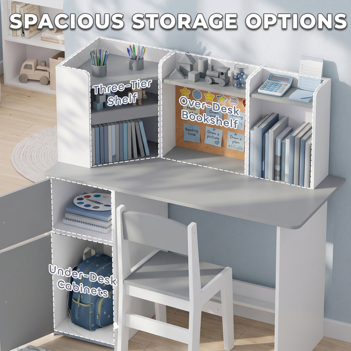 Kids Desk and Chair Set | Adjustable Tablet Stand | Cork Board | Pen Holder | 3-Tier Bookshelf | Upper Cubbies & Cabinets | E1 MDF | Rounded Corners | Anti-Tip | 90x39x95cm Table | Ages 3–12 | Grey & Pink