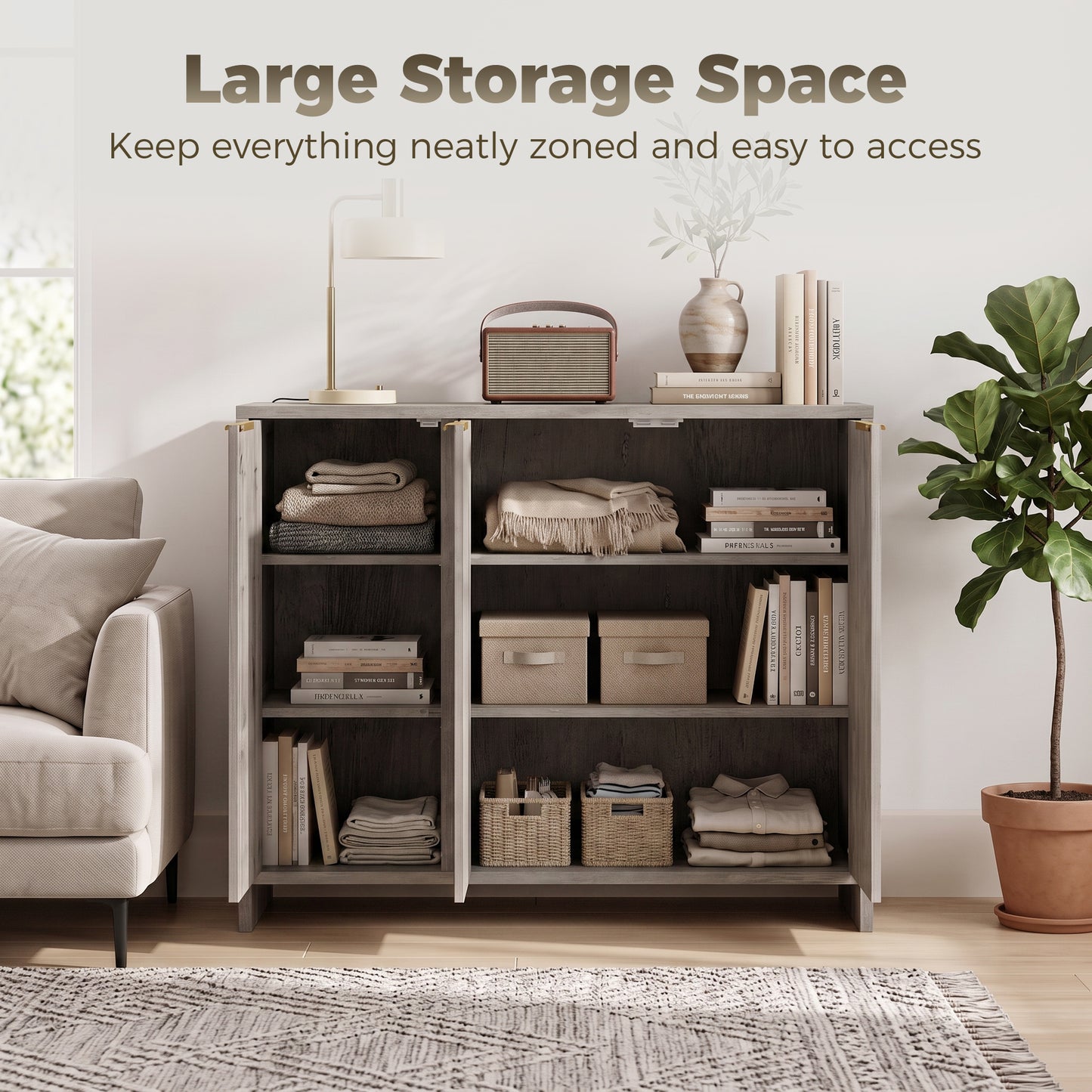 Modern Sideboard Cabinet | 3 Doors | Adjustable Shelves | Gold Handles | Anti-Tip Kit | 40kg | Living Room & Dining Room | Grey