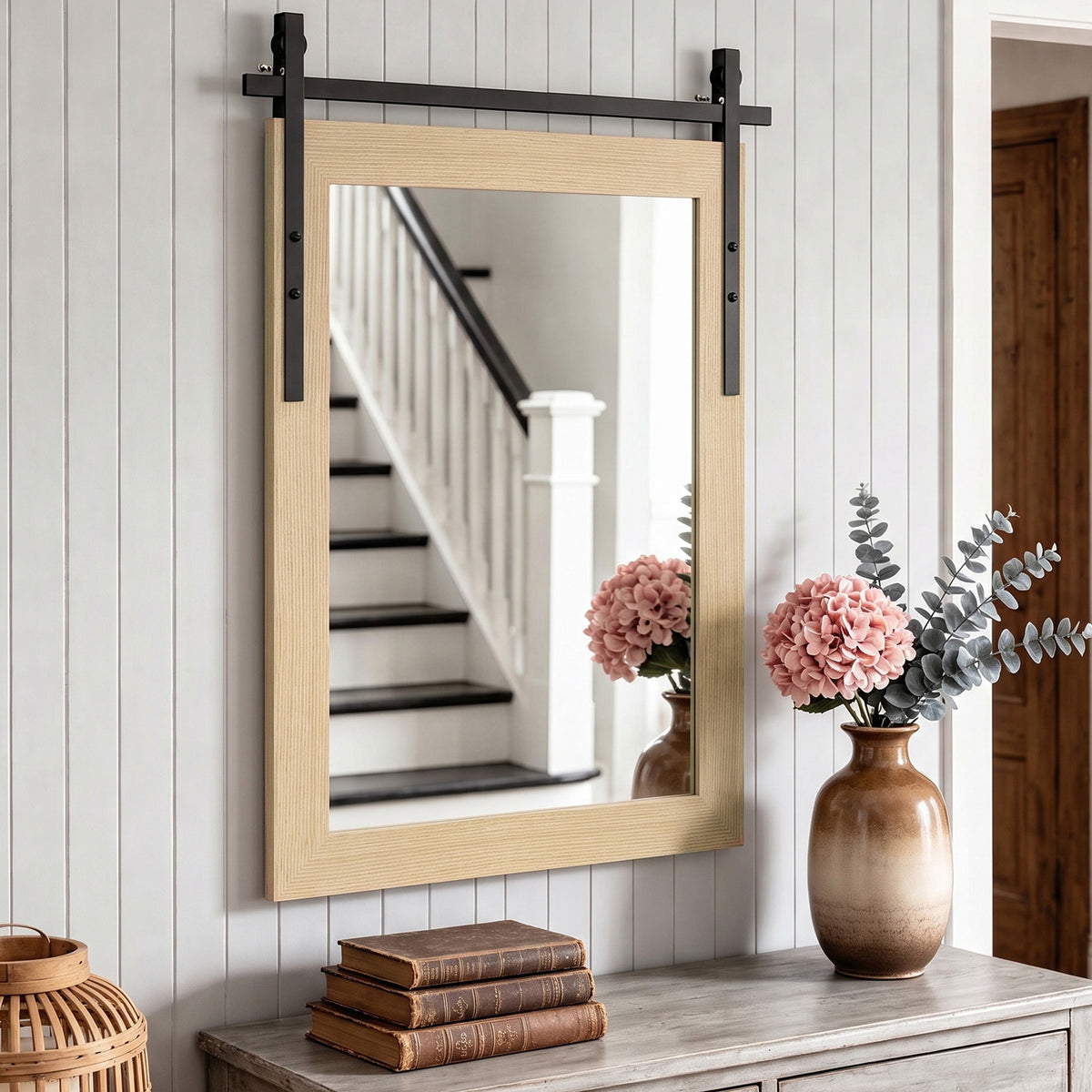 Farmhouse Wall Mirror | 110H x 66W cm Rectangle | Decorative Barn-Door Detail & Tempered Glass | White Oak or Dark Brown