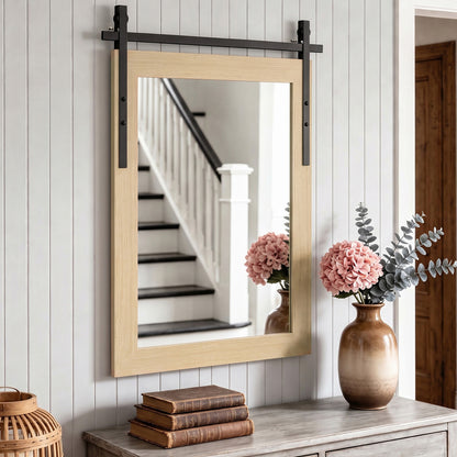 Farmhouse Wall Mirror | 110H x 66W cm Rectangle | Decorative Barn-Door Detail & Tempered Glass | White Oak or Dark Brown