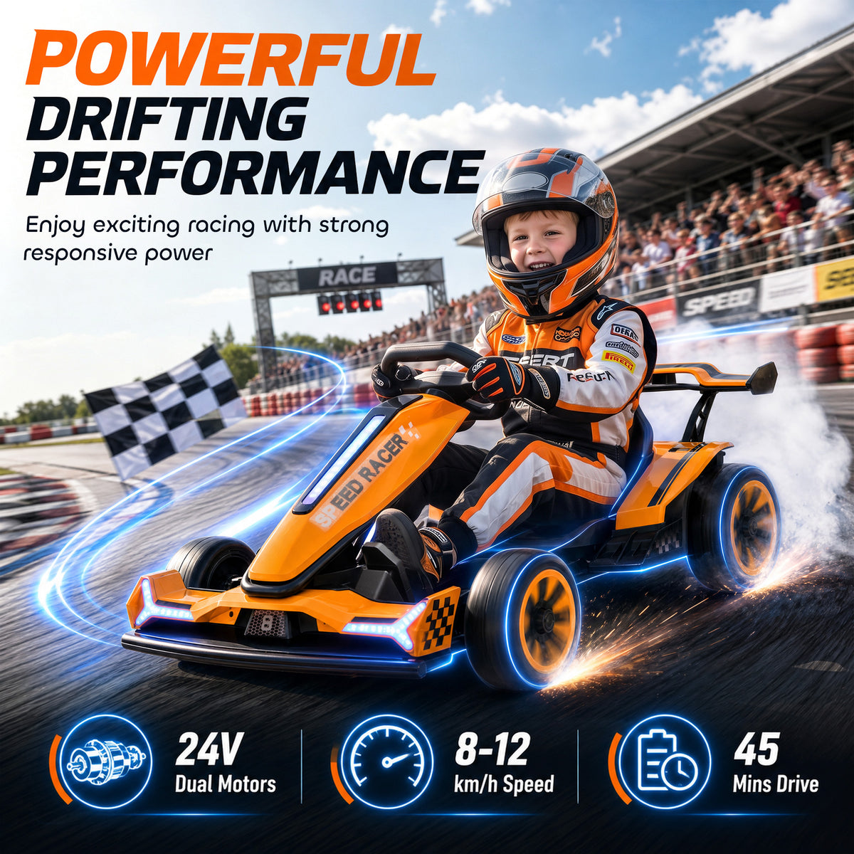 24V Electric Go Kart for Kids | Drift Mode In-Place Spin | 3 Speeds 8–12km/h | Slow Start Forward & Reverse | Adjustable Seat | Multicolour Lights Music Horn USB | 2-Point Belt | 50kg | 131.5x76.5x53.5cm | Ages 6–12 | Orange Blue Pink Black