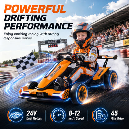 24V Electric Go Kart for Kids | Drift Mode In-Place Spin | 3 Speeds 8–12km/h | Slow Start Forward & Reverse | Adjustable Seat | Multicolour Lights Music Horn USB | 2-Point Belt | 50kg | 131.5x76.5x53.5cm | Ages 6–12 | Orange Blue Pink Black