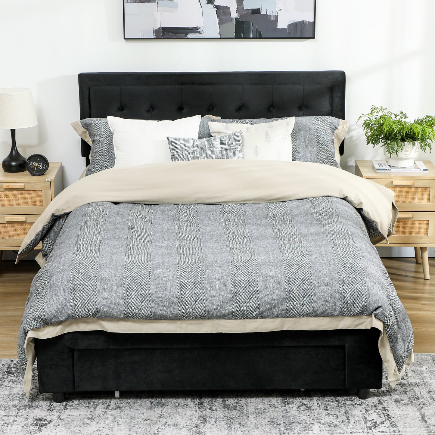 King Size Ottoman Bed Frame, with Front Drawer - Black / Cream White