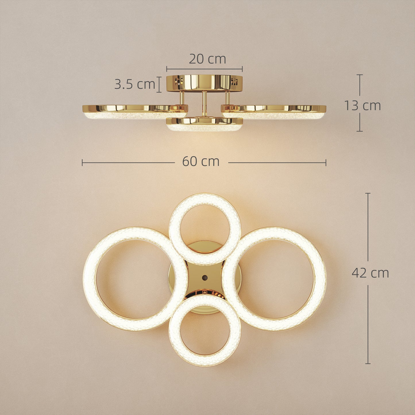 LED Ceiling Light, Modern 4 Rings Ceiling Lamp with Wall Switch Control, 40W 4350lm Flush Mount Ceiling Light with 3500K/4500K/6000K Colour Temperatures for Living Room, Bedroom, Gold Tone