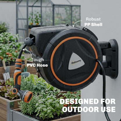 30m Retractable Garden Hose Reel | Auto Slow-Rewind | Self-Locking at Any Length | Wall-Mount or Portable | 12 Spray Patterns | 120 PSI | UV-Resistant PP | Orange
