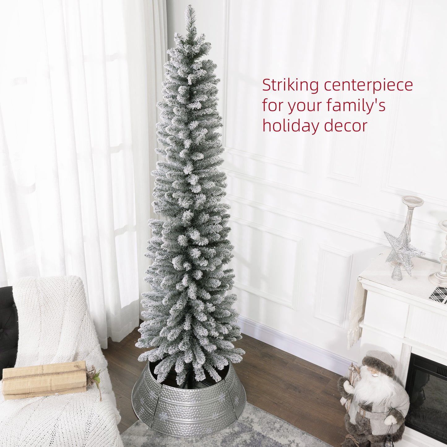 7ft Artificial Pencil Christmas Tree with 405 Snow Flocked Tips, Metal Base, Realistic Xmas Tree