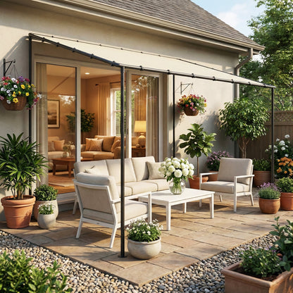 3x1.8m Lean-To Garden Pergola | UPF30+ Canopy | Sloped Roof & Drainage | Windproof 5-6 | Cream