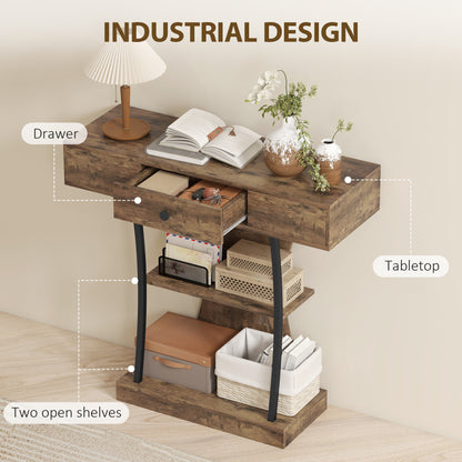 Industrial Console Table & Hallway Table | Drawer | 2 Open Shelves | Anti-Tip | 91x32x87cm | 45kg | Rustic Brown