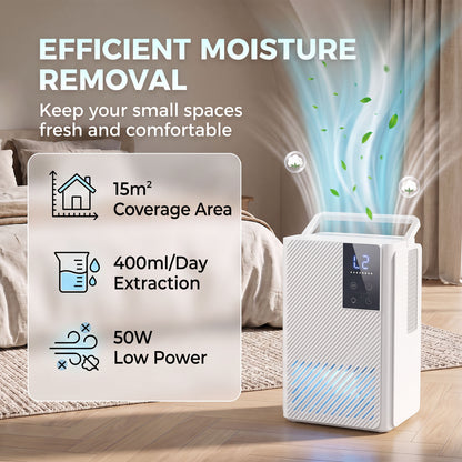 400ml/Day Small Dehumidifier | 2L Tank (120hrs) | 7-Colour RGB Mood Light | 43dB Sleep Mode | 2–24H Timer | LED Touch Panel | Auto Shut-Off & Defrost | 15m² | ABS | 20x14.2x28.6cm | White