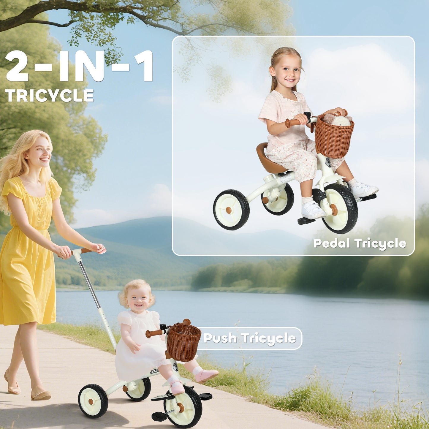 AIYAPLAY 2-In-1 Toddler Trike for 2-5 Years Old, 3 Wheel Bike with Adjustable Parent Handle, Basket for Boys and Girls