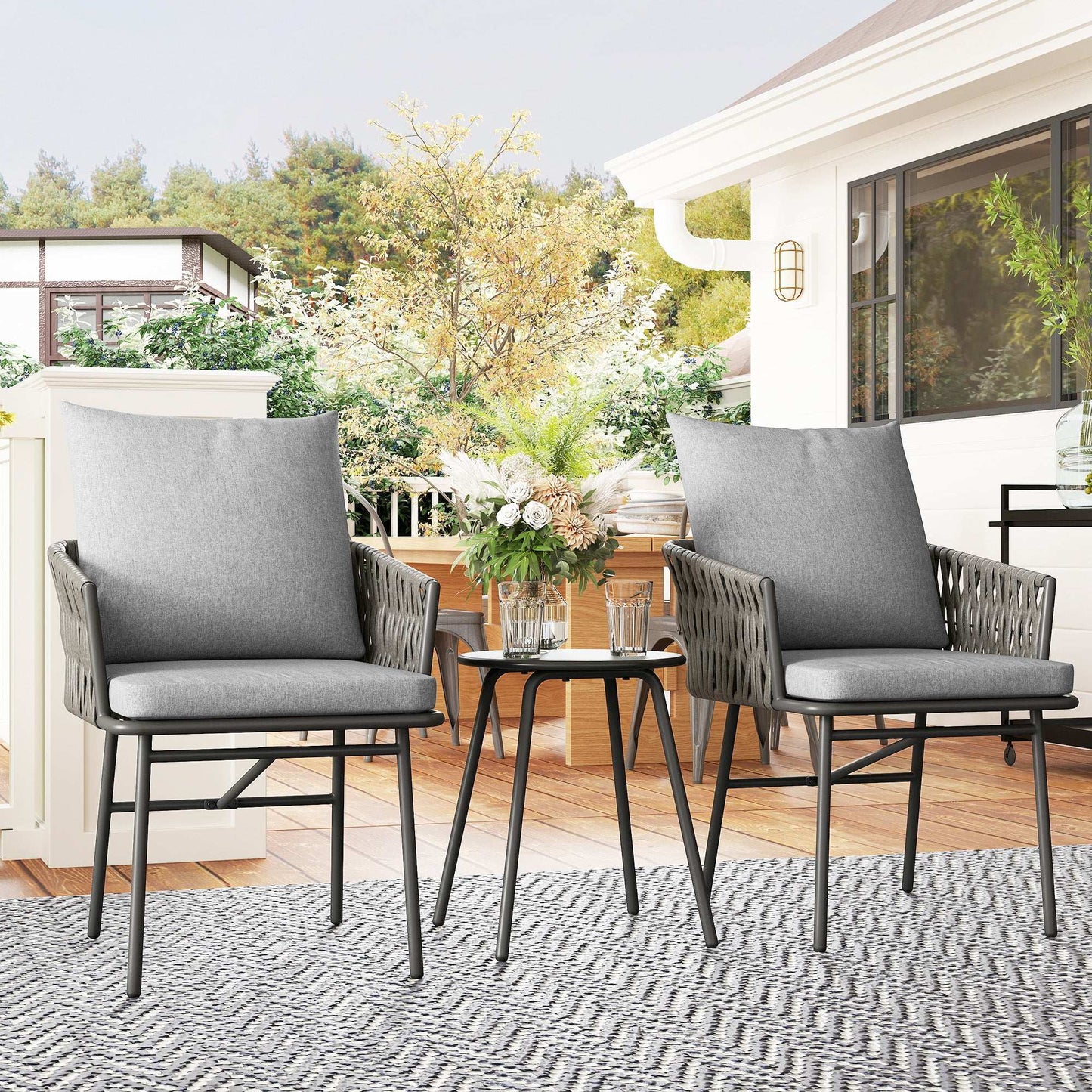 3-Piece Rattan Bistro Set, Garden Table and Chairs with 4 Cushions, Patio Rattan Conversation Furniture Set for Balcony, Porch, Terrace