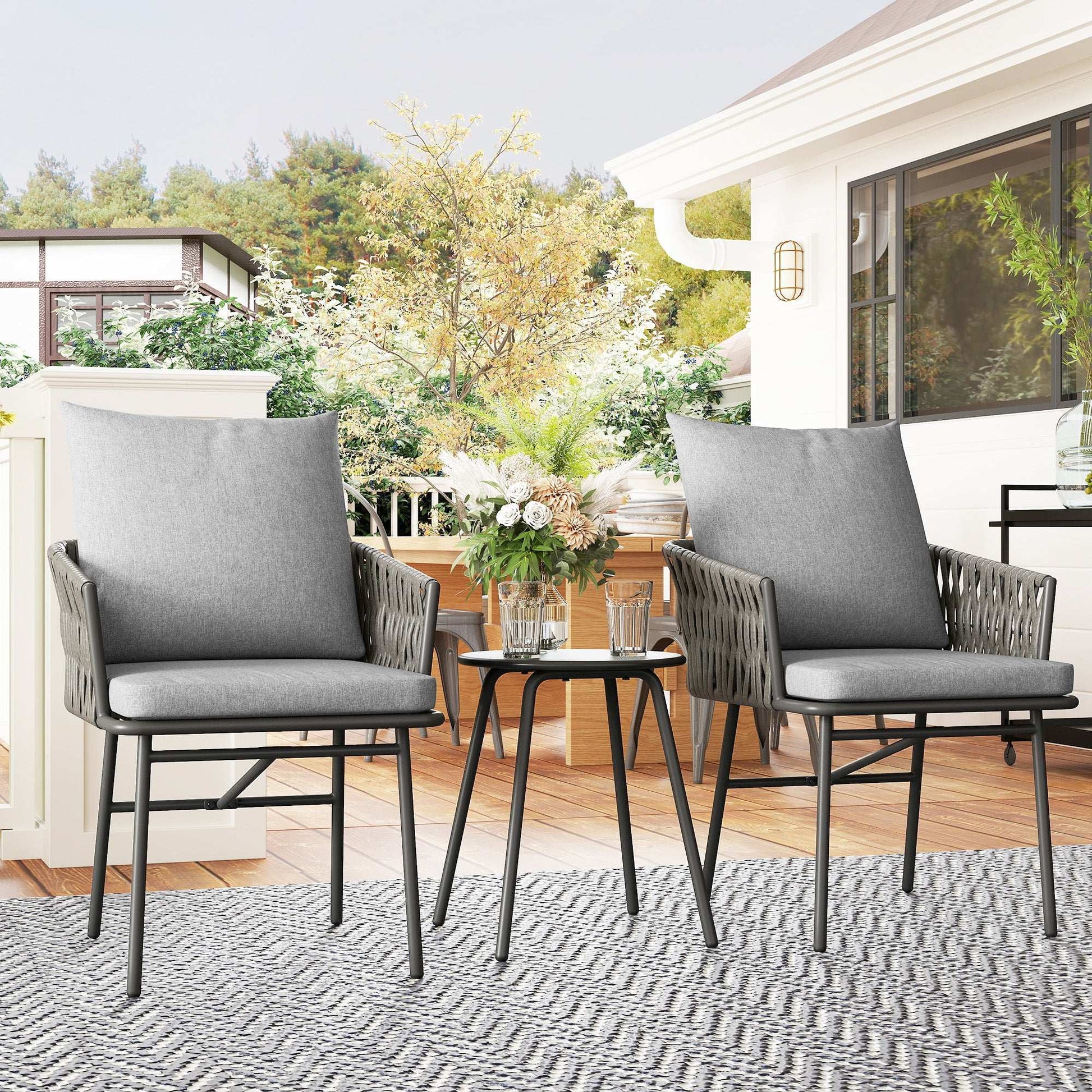 3-Piece Rattan Bistro Set, Garden Table and Chairs with 4 Cushions, Patio Rattan Conversation Furniture Set for Balcony, Porch, Terrace