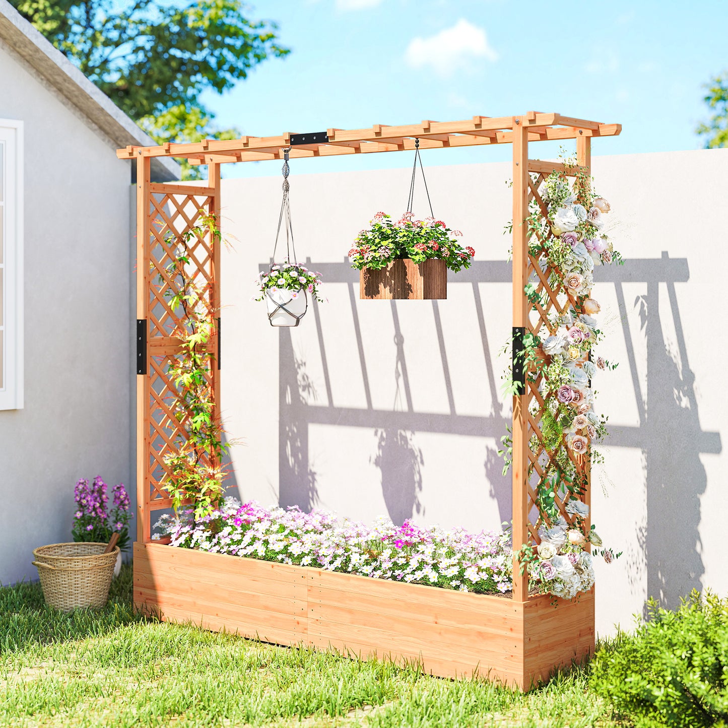 Fir Wood Garden Raised Bed with Double Trellis & Hanging Rails | 171x39cm Planting Bed | 4 Drainage Holes | 10kg Trellis Capacity | 196x44x181cm | Natural Wood Finish