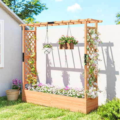 Fir Wood Garden Raised Bed with Double Trellis & Hanging Rails | 171x39cm Planting Bed | 4 Drainage Holes | 10kg Trellis Capacity | 196x44x181cm | Natural Wood Finish