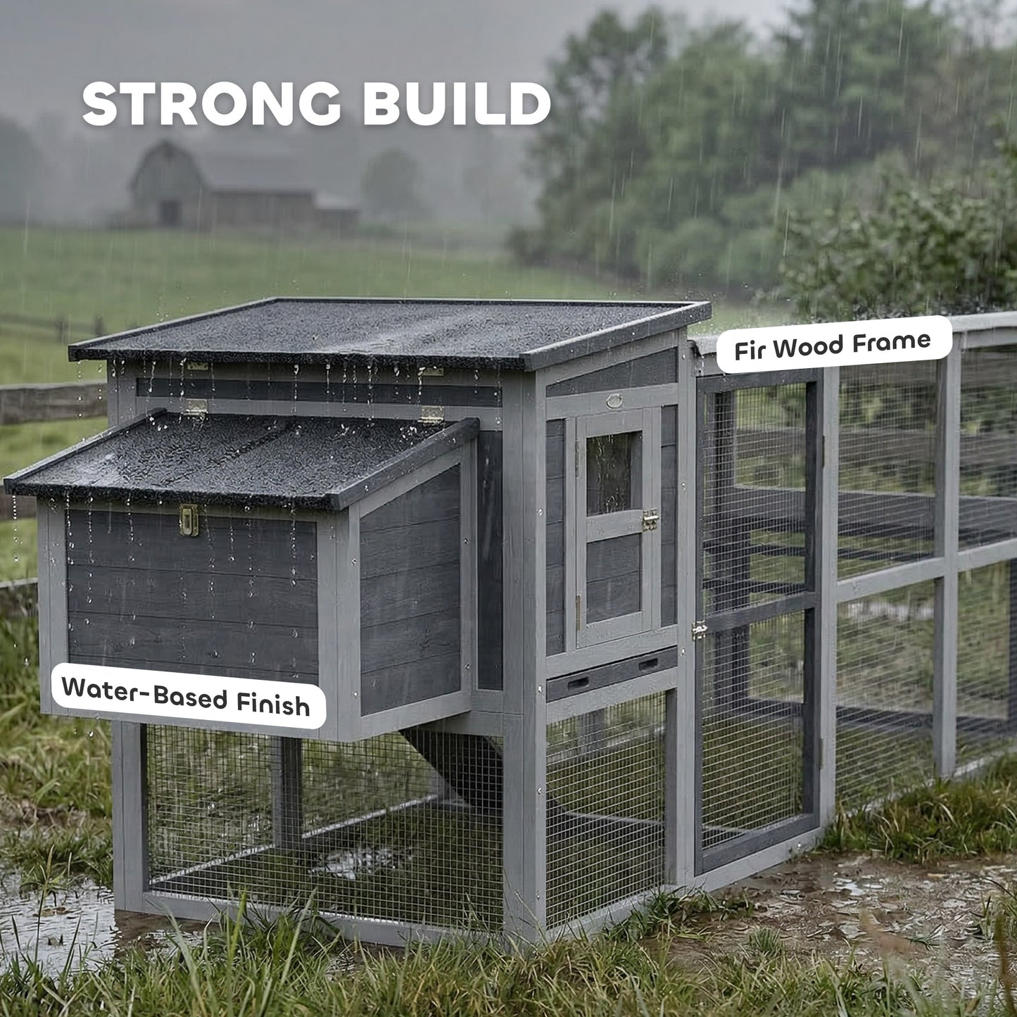 Large Chicken Coop & Hen House | 3-4 Chickens | Covered Run | Nesting Box | Pull-Out Tray | Asphalt Roof | Oxford Cover | 264cm | Grey