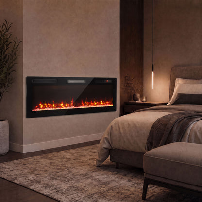 Slim Electric Fireplace | 127cm, 900/1800W | Crystal Effect, 12 Colours & Remote | Wall-Mounted, Recessed or Freestanding | Black