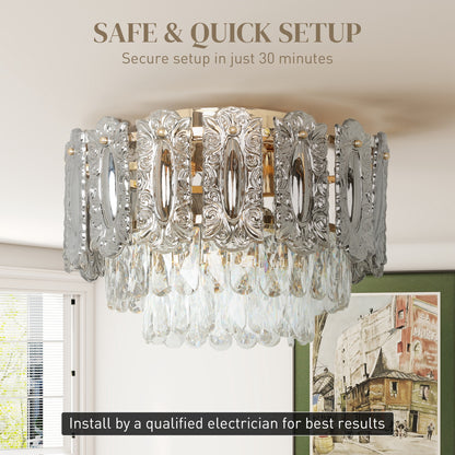 Chandelier Ceiling Light, 3-Light Vintage Flush Mount Fixture with Dual Crystal and Smoke Glass Shade, LED Ceiling Light for Living Room Bedroom, 3 E27 Sockets, Bulbs Not Included, Gold Tone