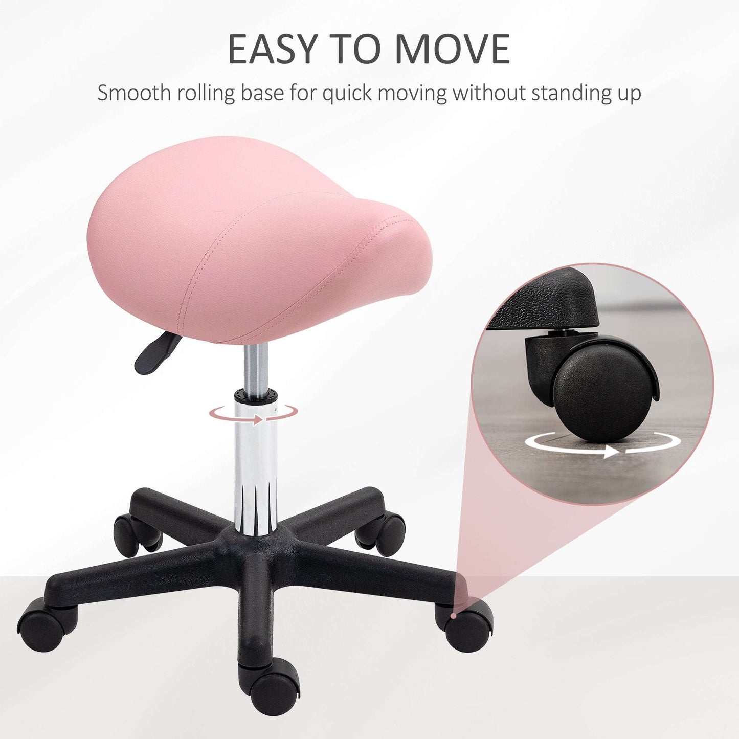 Saddle Stool, PU Leather Adjustable Rolling Salon Chair with Steel Frame for Massage, Spa, Beauty and Tattoo, Pink