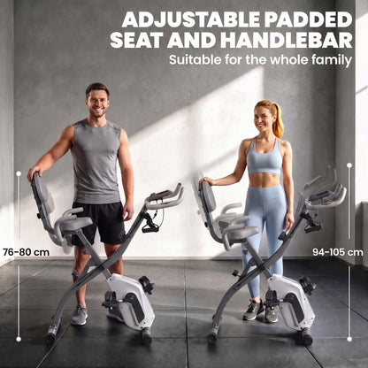 4-in-1 Folding Exercise Bike | Upright & Recumbent | Resistance Bands | Bluetooth App Compatible | 8-Level Magnetic Resistance | 40dB | LCD Display | Folds to 53.5x48x135cm | 120kg | Grey