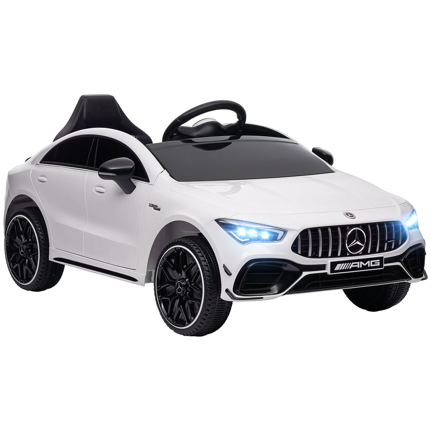 Mercedes-AMG CLA 45 Licensed 12V Kids Electric Car Ride on Car w/ Remote, Suspension Lights Music Horn - Light Blue / White / Yellow