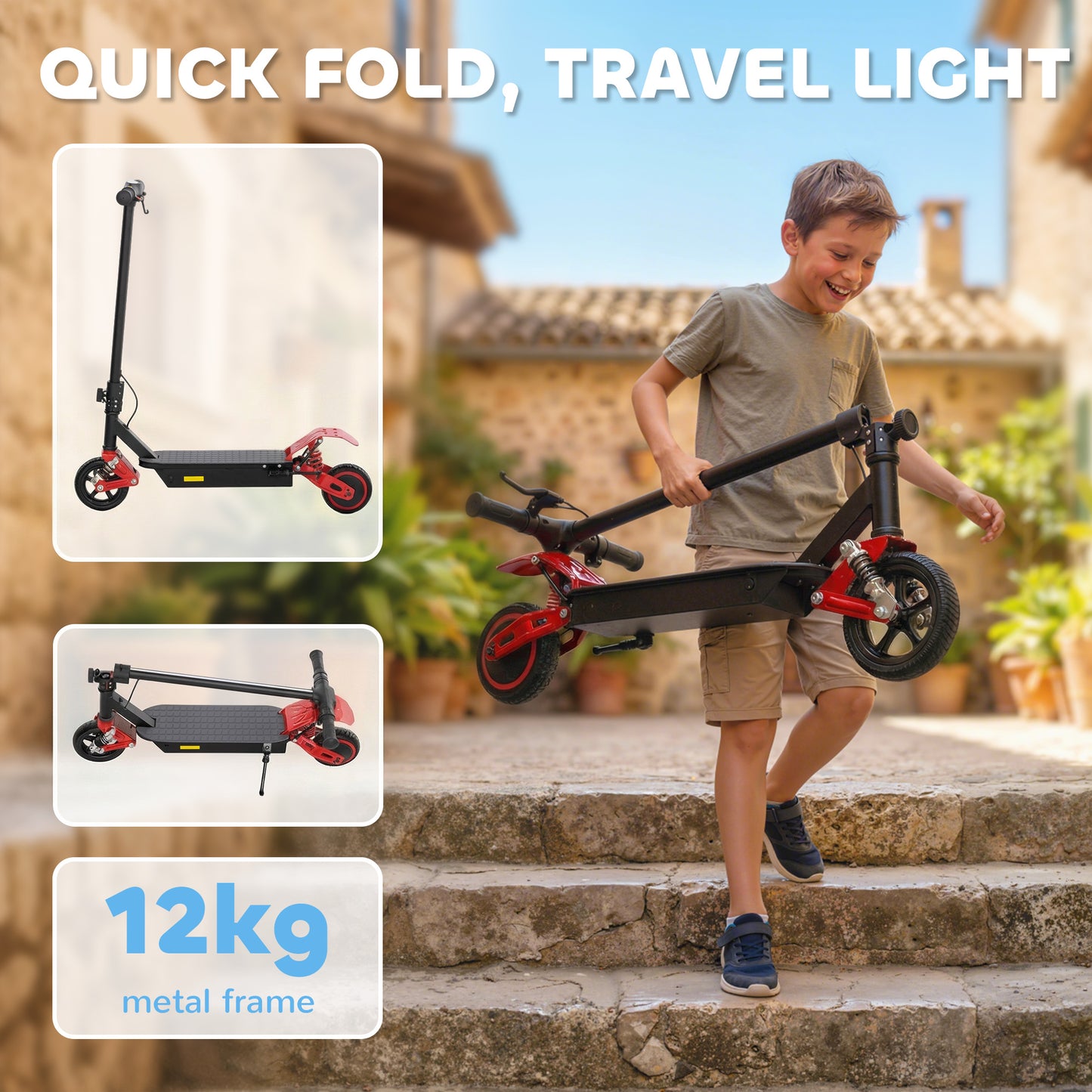 Kids Electric Scooter – 200W Motor, 15km/h, 6km Range, Dual Suspension, LCD Display, LED Lights, Foldable, Ages 6–14 – Red