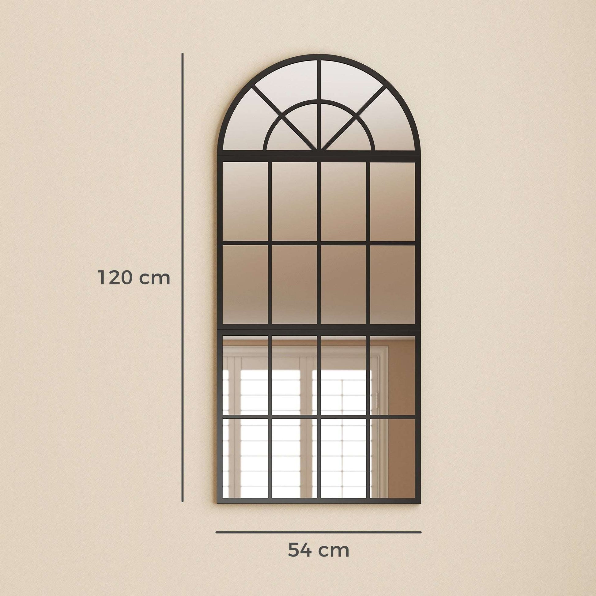 Arched Wall Mirror | 3-Piece Split Windowpane | 54x120cm | Black Metal Frame | Tempered Glass | 2cm Slim | Adjustable Spacing