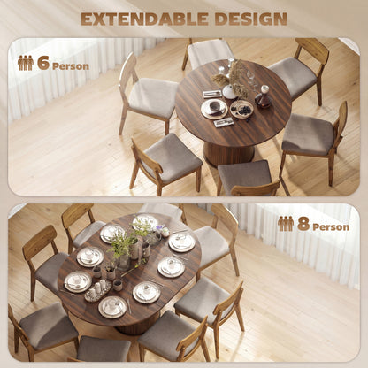 Extendable Dining Table | 110–150cm Round to Oval | Dark Walnut-Effect Finish & Fluted Pedestal Base | Hidden Extension Leaf Storage | Seats up to 6–8