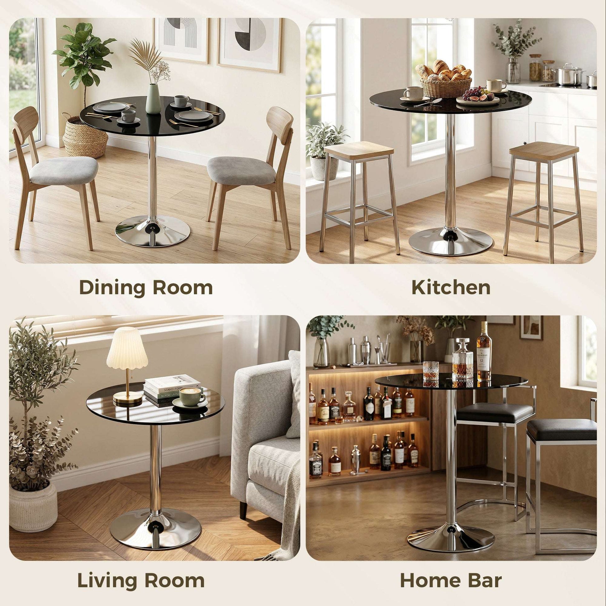 Round Bistro Dining Table | 8mm Tempered Glass Top | Steel Frame | Non-Slip Foot | Ø70x75.5cm | 20kg | Black