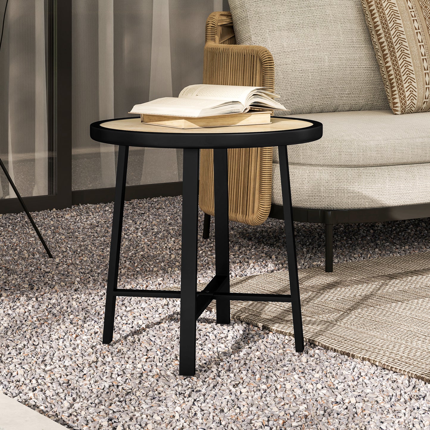 Round Garden Bistro Side Table | Dia 50.5x46cm | Waterproof SPC Top | Wood Grain Effect | Powder Coated Metal Frame | Anti-Slip Feet | 30kg | Natural Wood Finish