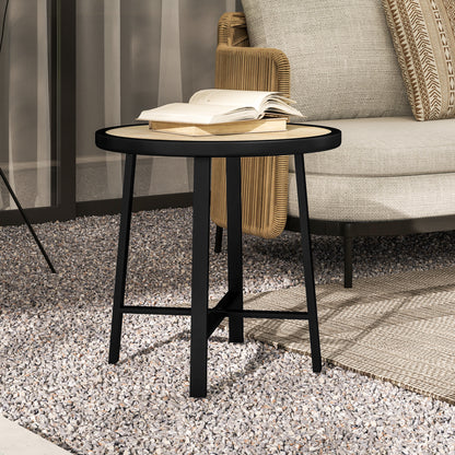 Round Garden Bistro Side Table | Dia 50.5x46cm | Waterproof SPC Top | Wood Grain Effect | Powder Coated Metal Frame | Anti-Slip Feet | 30kg | Natural Wood Finish