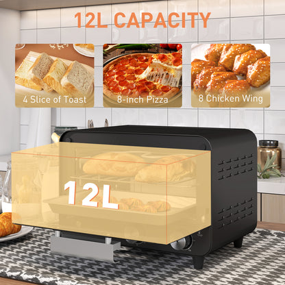 Small Toaster Oven, 12L Multifunction Mini Countertop Oven with Glass Door, Adjustable Temperature and Timer, Black