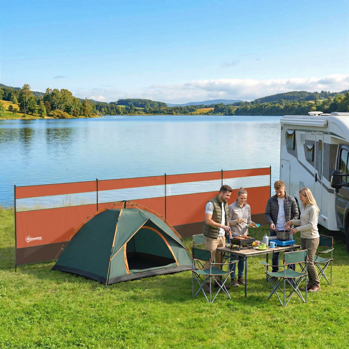 Camping Windbreaker with Clear Windows | 725x140cm | Steel Poles | 15 Stakes & 10 Guy Ropes | Beach & Caravan | Orange