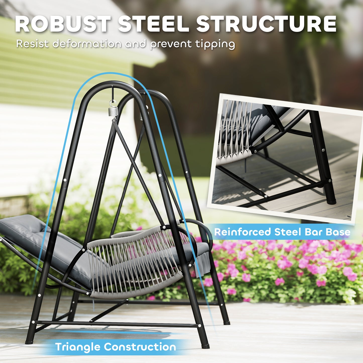Outsunny Rattan Swing Chair, Outdoor Garden Hanging Swing Seat with Stand and Seat Cushion, Porch Hanging Chair for Balcony, Garden, Deck