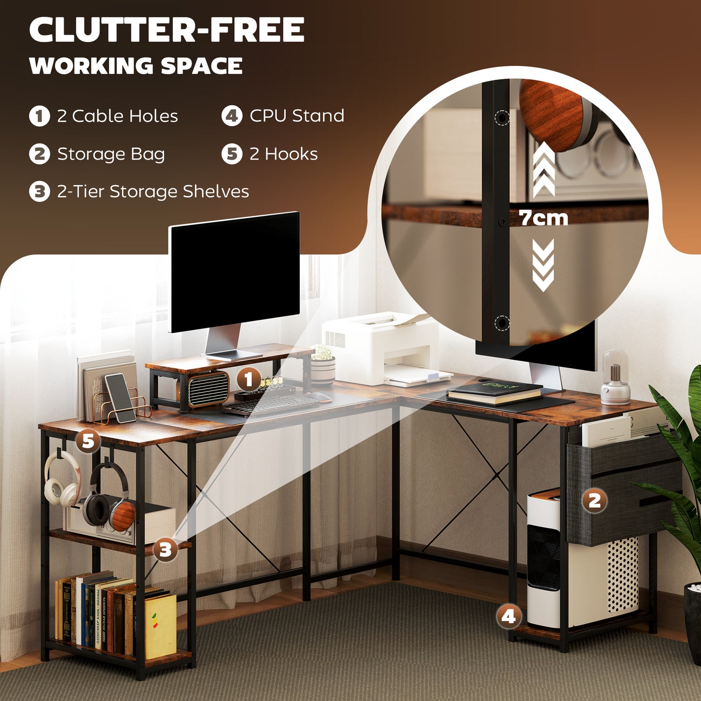 168cm Reversible L Shaped Desk, Industrial Corner Computer Desk with Adjustable Shelf and Storage Bag, 240cm 2 Person Desk with Monitor Stand