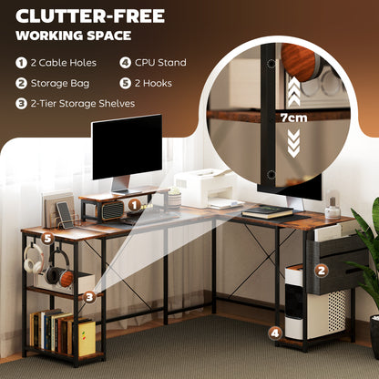 168cm Reversible L Shaped Desk, Industrial Corner Computer Desk with Adjustable Shelf and Storage Bag, 240cm 2 Person Desk with Monitor Stand