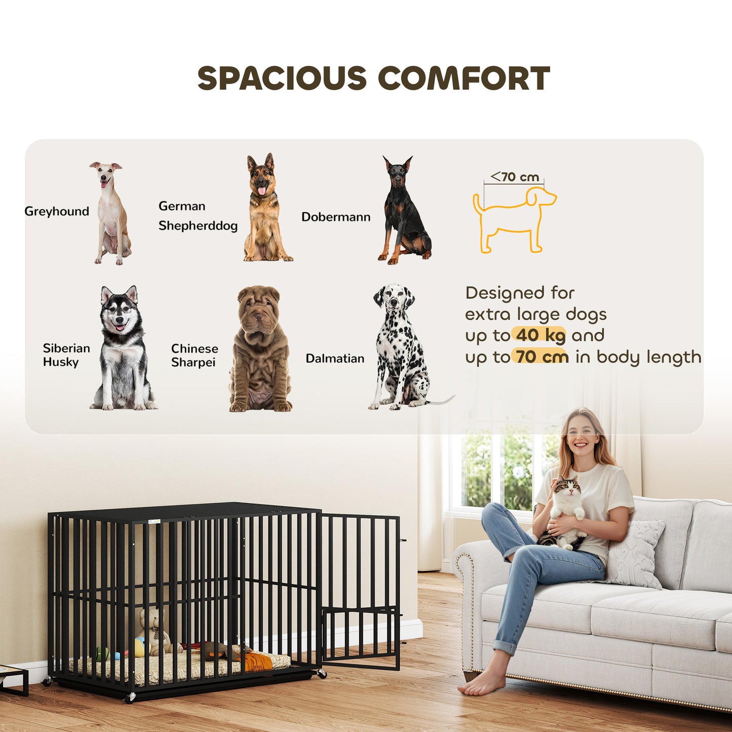 Heavy Duty Dog Crate with Wheels | 3-Door Access | Removable Tray | Top Playpen Opening | Extra Large Dogs up to 40kg | 107 x 69 x 81cm | Black